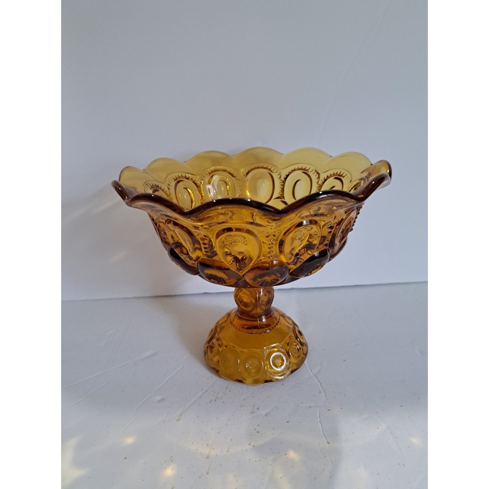 Vintage LE Smith Amber Glass Moon‎ & Stars Pedestal 8" Candy Dish Compote